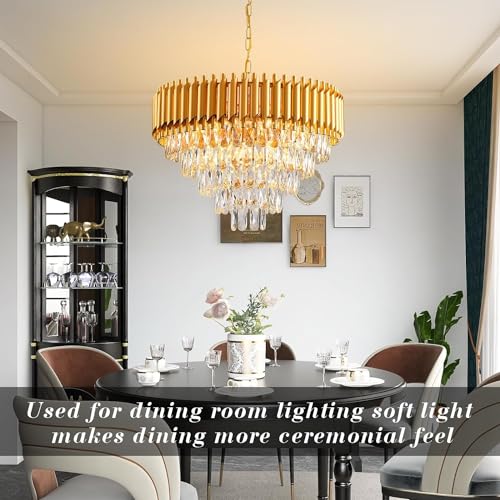 Image of Luxurious 500mm Gold Modern Chandelier with K9 Crystals | Warm White, Moonlight & Golden Light | Ceiling Hanging Light for Living Room, Dining Room, Bedroom, Hallway