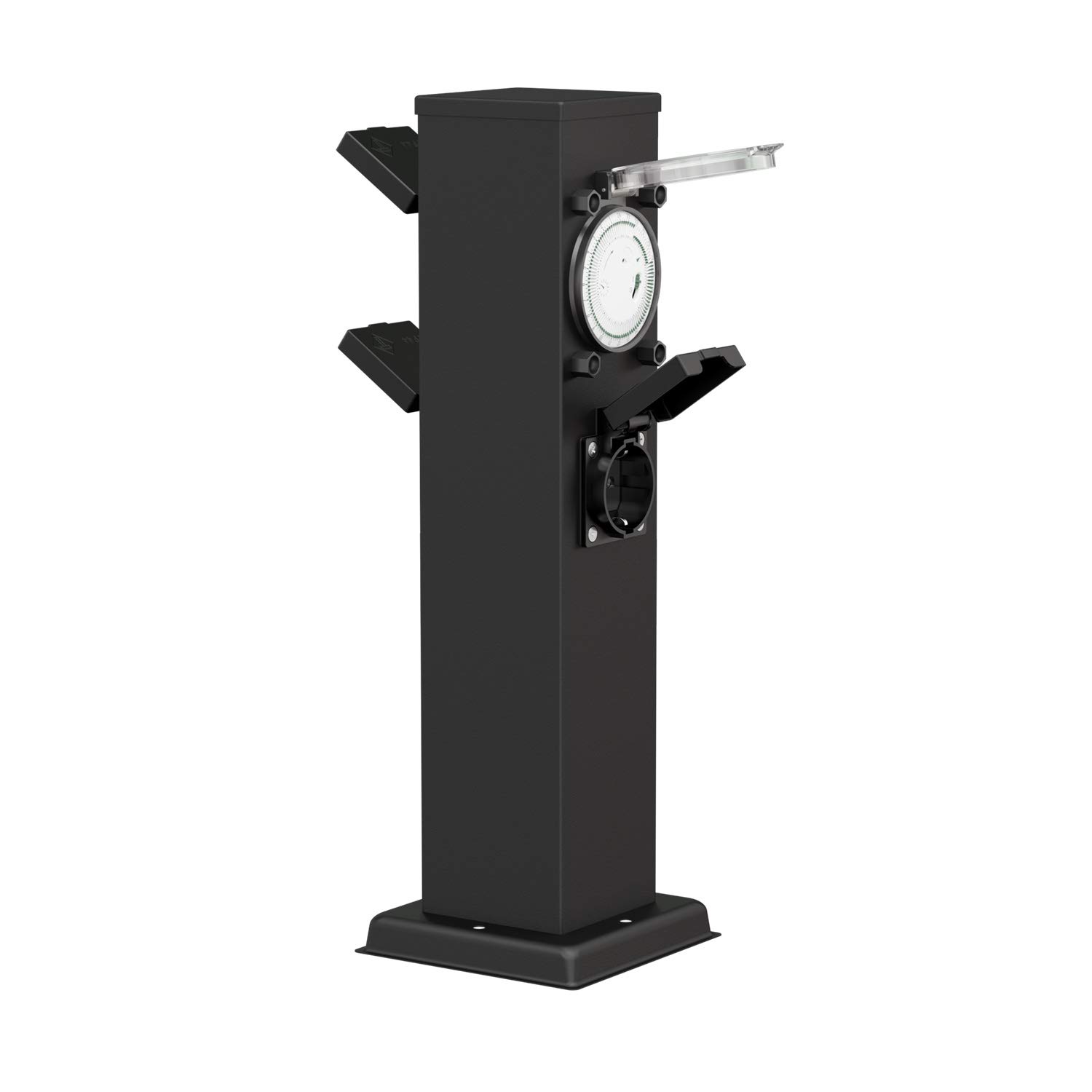 ledscom.de Garten-Steckdosen-Säule Polly mit Erdspieß und 2m Kabel für außen, IP44, 3-Fach mit Timer/Zeitschaltuhr, Edelstahl, schwarz, 38cm