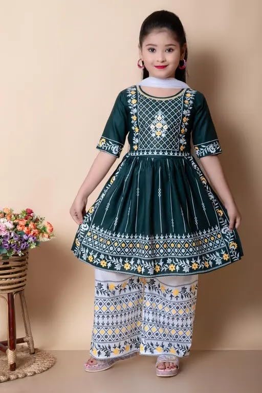 Image of Girls Traditional Embroidered Kurta Palazzo Set, Green and White, Floral Design, Half Sleeves
