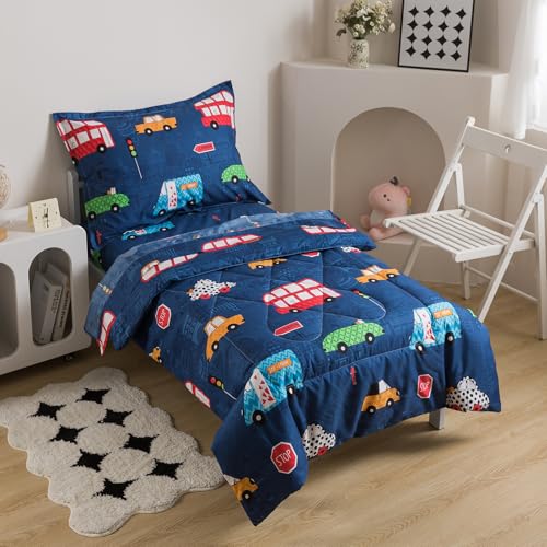 Image of Caressma Navy Toddler Bedding Set, 4 Pieces Boys Comforter with Car Print | Microfiber Kids Comforter with Cars,Buses & Traffic Lights Pattern, Includes Comforter, Fitted Sheet, Flat Sheet & Pillowcase