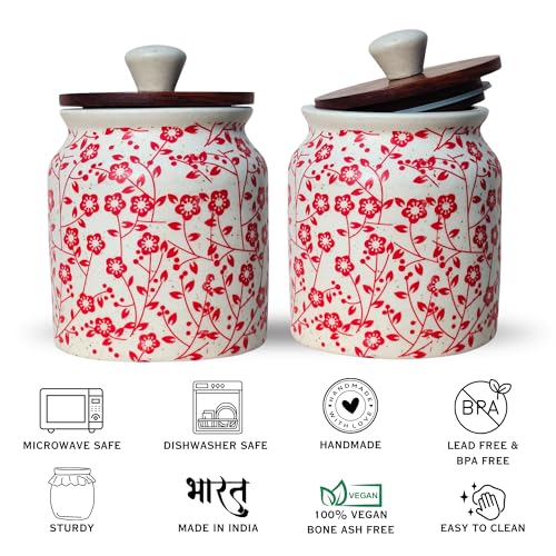 Image of Vistas 'Heritage Red' Airtight 420ml Set of 1 Ceramic Jar for Kitchen Storage | Handcrafted Ceramic Barni with Wooden Lid | Multipurpose Pickle, Spice & Salt Container