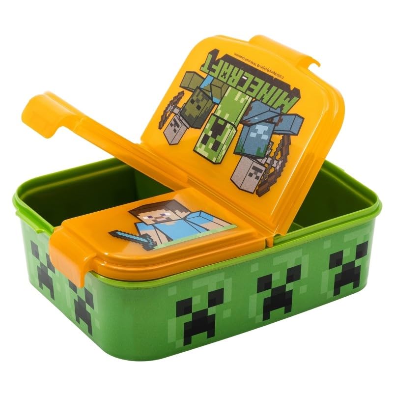 Fiambrera Minee craaft Creeper – 3 compartimentos con tapas individuales – Plástico libre de BPA – 19×16×6,7 cm – Diseño Steve & Creepers – Almuerzo escolar, merienda y snacks – Producto oficial