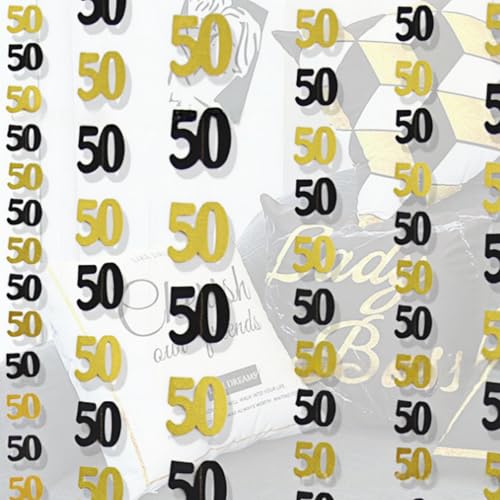 Pancarta de 50 cumpleaños, decoración de cumpleaños de oro negro con números 50, decoraciones de fiesta de cumpleaños, cuerda de papel colgante para el día de nacimiento, adorno colgante de número de