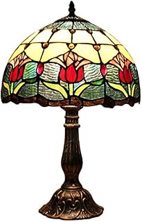 Bieye L30020 Tulip Flower Tiffany Style Stained Glass Table Lamp Night Light with 12 Inches Wide Handmade Lamp Shade Metal Base for Bedside Bedroom Living Room, 18 inches Tall, Red Green