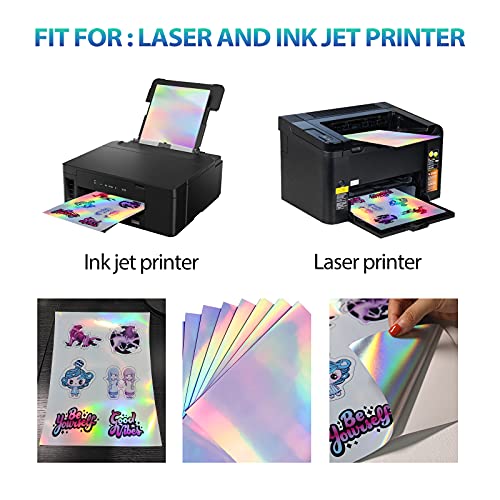 Uokho Printable Holographic Sticker Paper For Your Ink Jet Printer 8.5 X 11 Inches Dries Quickly Waterproof Sticker Paper Rainbow Vinyl Sticker Paper 20 Pcs #TOP4