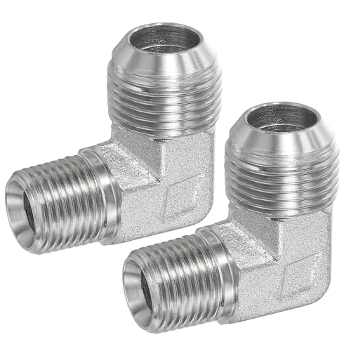 Image of PATIKIL 90 Degree Pipe Adapter, 2 Pcs 1-1 /16 inch Male 37 Flare JIC x 1 /2 inch BSPT Male Connector Carbon Steel Elbow Fitting for Air Hydraulic Fluid Fuel Water Oil, Silver