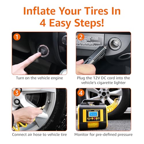 Image of Amazon Basics Portable Car Tire Inflator with Digital Pressure Gauge, 150 PSI, 12V DC, Black
