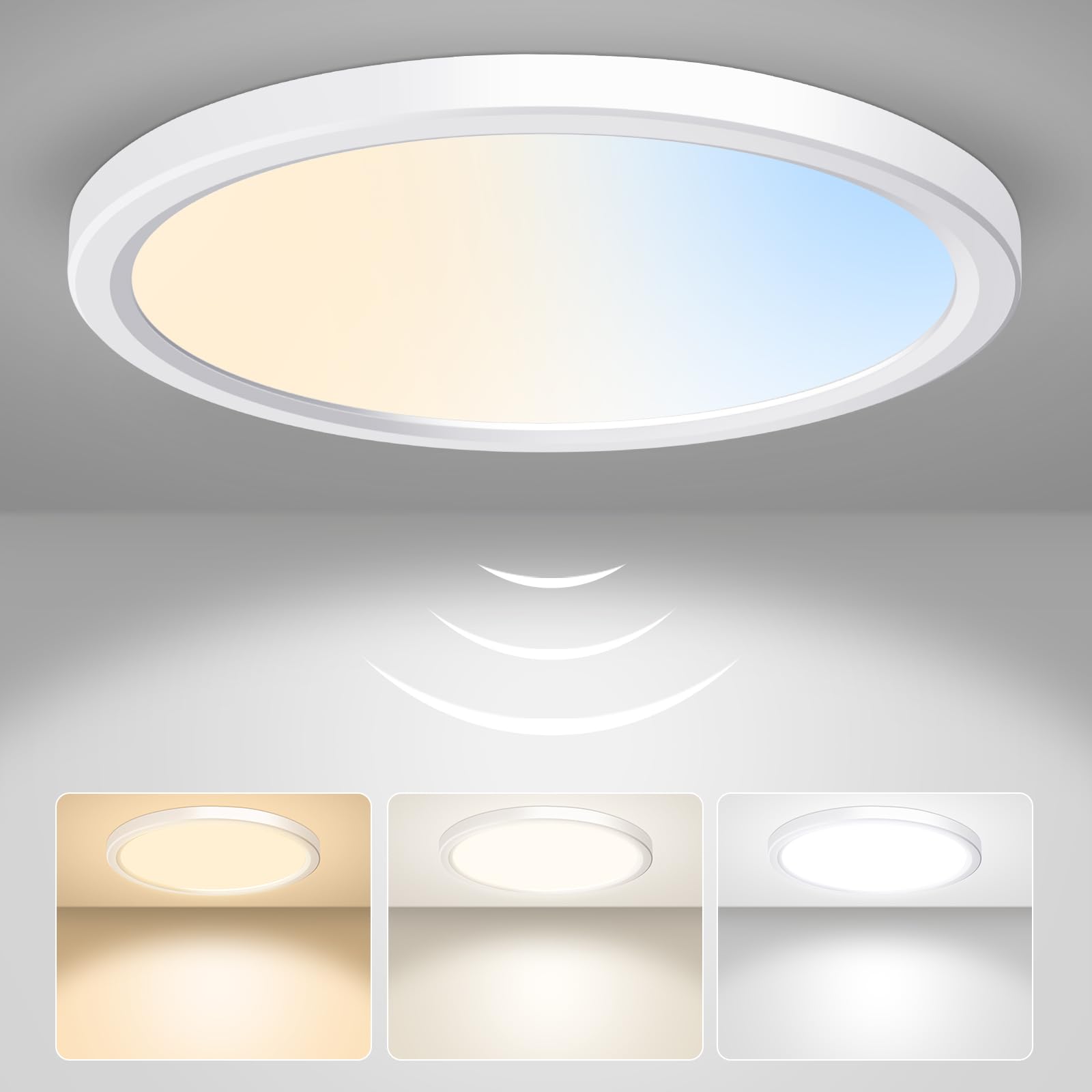 ALUSSO LED Deckenleuchte mit Radar Bewegungssensor, 18W Deckenlampe 3CCT 3000K 4000K 6500K 1600LM, IP44 Wasserdichte Badezimmer Lampe Flach für Wohnzimmer Schlafzimmer Küche Flur Garage, Rund Ø22cm