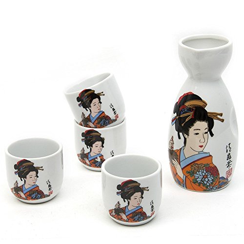 Japanese Sake Set 5 Pieces Sake Set Hand Painted Design Porcelain Pottery Traditional Ceramic Cups Crafts Wine Glasses Orange