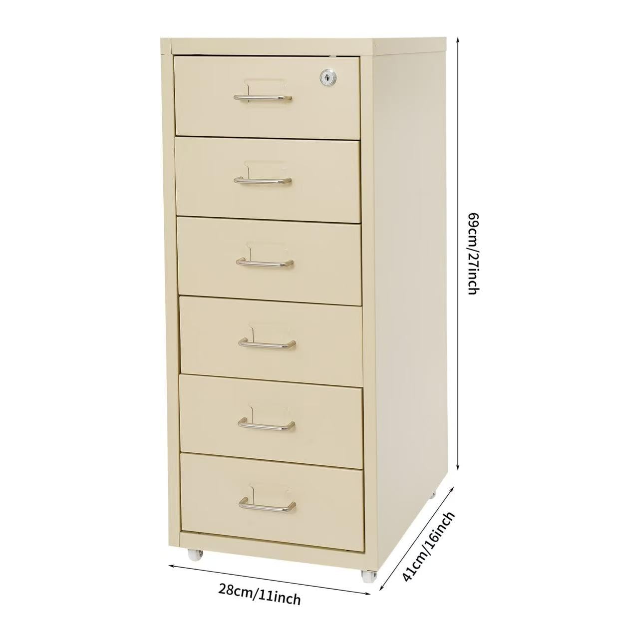 Armoire de classement à roulettes avec 6 tiroirs - En métal - Verrouillable - Armoire de bureau avec roulettes - Pour bureau et maison - 28 x 41 x 69 cm - Beige
