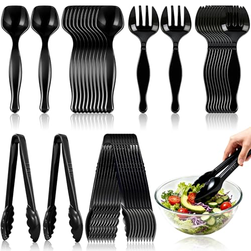 36Pcs Disposable Plastic Serving Utensils Set 12 Black Spoons 12 Forks 12 Tongs 9-Inch for Party Buffet Catering Events Heavy Duty and Ergonomic Design