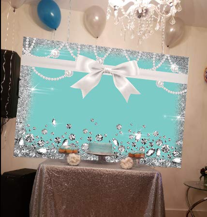 Fotohintergrund Frühstück Mit Blauer Schleife - Perfekt Für Geburtstag, Hochzeit & Party | 1,5x1m Vinyl | Glitzer-Diamantschleifen
