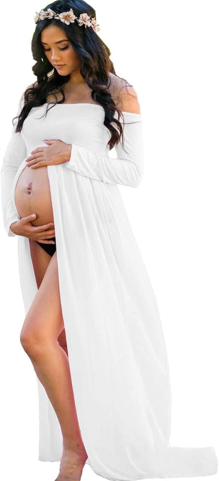 Women's Off Shoulder Long Sleeve Maternity Dress for Photography Chiffon Maternity Gown for Photoshoot