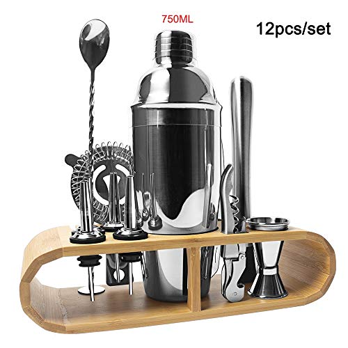 Barware con soporte de madera noble y juego de herramientas de acero inoxidable de 12 piezas 6