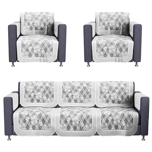 Image of Kuber Industries 5 Seater with Arms Anti Slip Sofa Covers for Home | Decorative Sofa Set Cover for Living Room | Protective Sofa Sheet & Sofa Seat Cover from Spill & Shot | Cross Flower Net - Grey