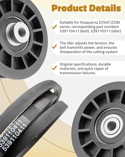 Drive Idler Pulley & Drive Belt Fit for Husqvarna Z254F Z246 Z254, Fit for Poulan Pro PRZ5426KH, Fit for Craftsman 917378XXX Series Lawn Mowers, Replace 539110311, 539110411 - Thumbnail 3