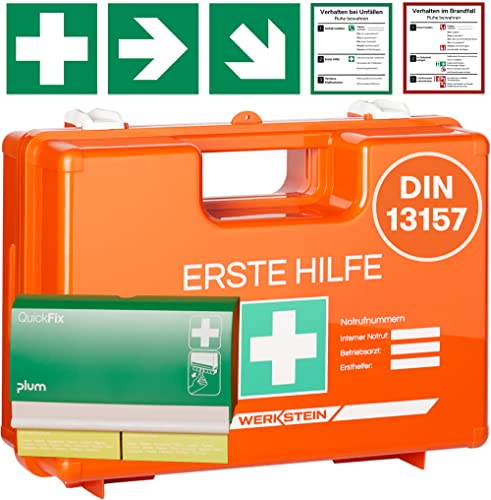 Erste Hilfe Kasten DIN 13157:2021 I Inkl. Pflasterspender, praktischer Wandhalterung, 5x Aufkleber & Plombe I Erste Hilfe Koffer für Betriebe, Einrichtungen & Zuhause I Verbandskasten DIN 13157