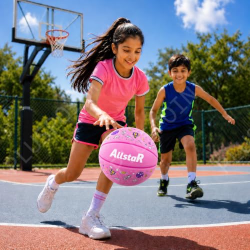 Image of PLUSPOINT Kids Basketball with Air Pump | Colorful Printed Rubber Basketball for Indoor & Outdoor Play | Training Sports Ball for Kids | Easy Grip Basketball for Boys and Girls