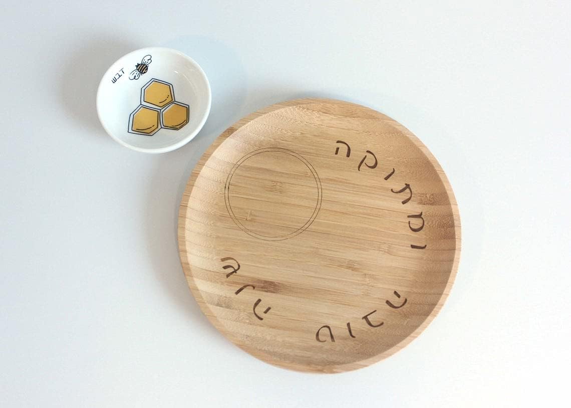 Handmade Rosh Hashanah Apple and Honey Plate and Dish, Bamboo Wood Apple Plate with Ceramic Honey Dipper and Server Tray by Mickala Design (Colorful Ceramic Bowl)