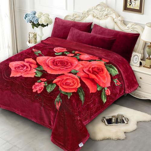 Image of JYK Korean Mink Fleece Bed Blanket Queen Size 75 inch x 87 inch, 5 Pounds - 2 Ply Reversible Silky Soft Plush Warm, Comfy Blanket for Autumn, Winter -Rose /Virgin Mary