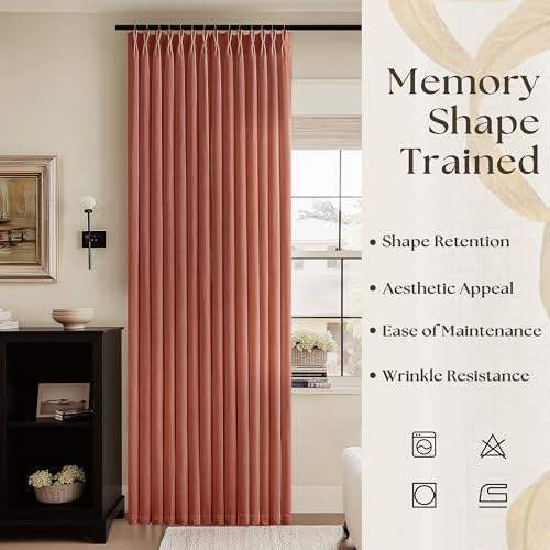 Image of Rust Pinch Pleated Semi Sheer Linen Curtains 96 Inch Long Rustic Drapes | Terracotta, Light Filtering Privacy, Bedroom Living Room, Faux Linen Textured, Hook Rings Memory Shape, Farmhouse Cottage