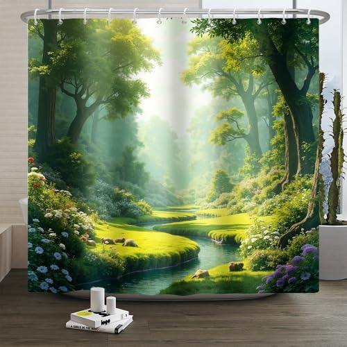Xiaoterna Floral Plant Shower Curtain Green Spring Nature Forest Bathroom Curtain Green Tall Trees Blooming Flower River Stream Nature Shower Curtain Waterproof Fabric Bathroom Decoration 200x180cm