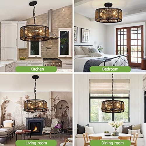 Zhizenl Pendant Lights, Farmhouse Rattan Pendant Light, 4-Lights E12 Industrial Wicker Black Chandeliers Light Fixture For Dining Room, Kitchen Island, Bedrooms, Entryway #TOP3