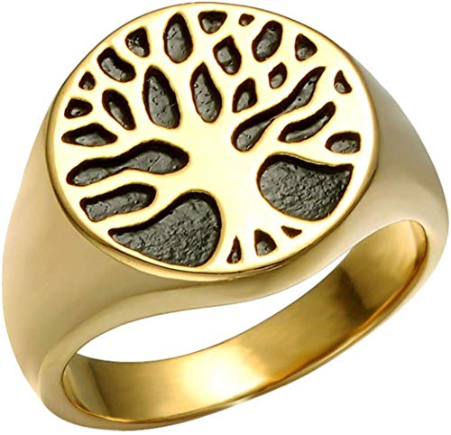 HIJONES Herren Vintage Baum des Lebens Ring aus Edelstahl (Gold, 54 (17.2))