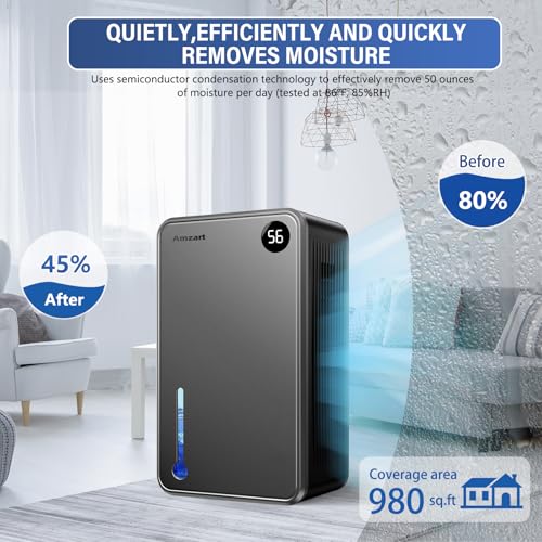 Dehumidifier (1000 sq.ft), 120 OZ Dehumidifiers for Home with Humidity Display, Dehumidifier with Drain Hose for Basement, Timer Setting Dehumidifier, Auto Shut Off Dehumidifier for Bedroom, Gray