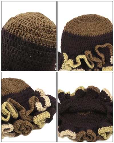 Image of Women Crochet Bucket Hat Cute Winter Ruffled Brim Floppy Cap Handmade Knit Cloche Hats