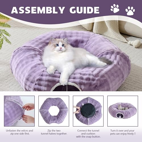 Image of Bubble Cat Tunnel for Indoor Cats, Round Peekaboo Cave Toy with Dangling Balls, Donut Tunnel Bed with Circle Mat for Puppy Kitten Rabbit, Dusty Purple