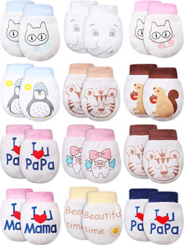 12 Pairs Baby Mittens No Scratch Cotton Newborn Baby Gloves Adjustable Baby Mittens for 0-6 Months Baby Boys Girls (Vivid Style)
