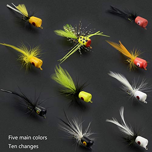 Fly Fishing Flies Kit Fly Assortment Trout Bass Fishing with Fly Box, with Dry/Wet Flies, Nymphs, Streamers,Fly Poppers (pop10)