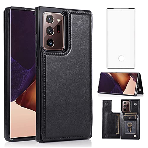 Asuwish Compatible with Samsung Galaxy Note 20 Ultra Glaxay Note20 Plus 5G Wallet Case Tempered Glass Screen Protector Card Holder Stand Flip Phone Cases for Gaxaly Notes 20Ultra Note20+ U + 20+ Black