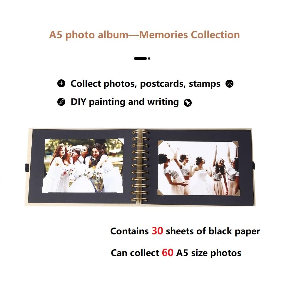 Album photo à personnaliser - 21 x 15 cm - 60 pages - Papier noir - A5 - Mini album pour enfants à coller - Livre de souvenirs à spirales - Pour bébé, Saint-Valentin, anniversaire - Noir
