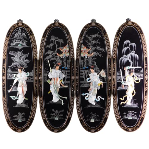 Oriental Furniture Warehouse Black Lacquer Asian Art Panels Inlaid Mother Of Pearl Set of Four