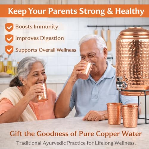 Image of Pure Copper Hammered Water Dispenser 5 Litre | Ayurvedic Water Storage Pot with Tap & 2 Copper Glasses | Rustic Finish | Rustproof & Durable | for Home & Kitchen