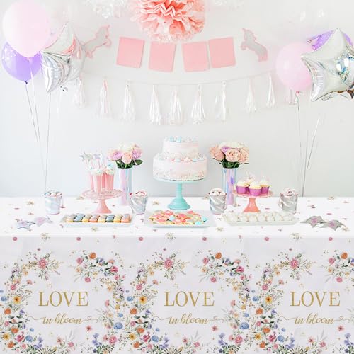 Image of MEHOFOND 3pcs Love in Bloom Bridal Shower Tablecloth, Wildflower Floral Disposable Plastic Table Cover 54x108 Inch, Spring Wedding Engagement Bachelorette Party Decorations