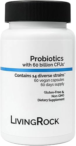 LivingRock Probióticos 60 mil millones de UFC 14 cepas diversas + fibra prebiótica (FOS) con zinc y vitamina D3 Suplemento dietético sin gluten,