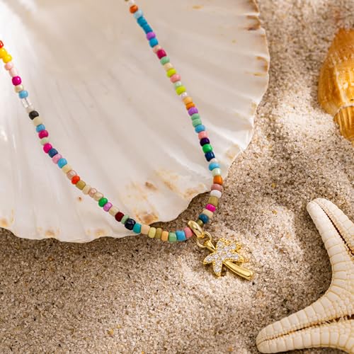 Gold Necklace for Women-Colorful Beaded Necklaces 14K Gold Plated Bohemian Choker Shell, Starfish, Palm Tree, Conch Shell Beachy Jewelry for Women Gifts4