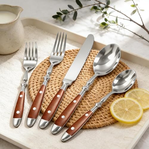 Cooluxry 20pcs Brown Silverware Set Service for 4,Vintage Flatware Set with Brown Bakelite Handle, Stainless Steel Cutlery Set, Dishwasher Safe