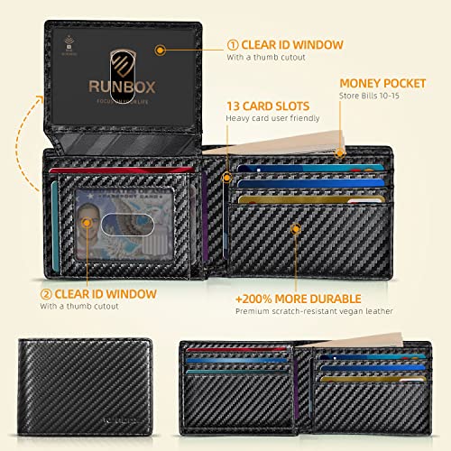 Runbox Men's Leather Bifold Rfid Blocking Wallet 13 Slots With 2 Id Windows Gift Box #TOP2
