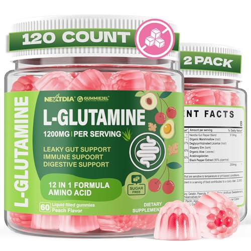 Nextdia L-Glutamine 1200mg Gummies with Akk Probiotic, Gut Immune Support, Sugar-Free Vegan, 120 Count (Pack of 2)