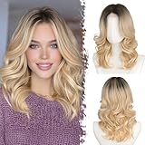 BARSDAR Kurze Gewellte Blond Ombre Perücke, Schulter Lange Ombre Blond Perücken für Frauen Kurze Lockere Wellen Layererd Perücke mit Face-Framing Curtain Pony Weiche Synthetik Natürlich Aussehend