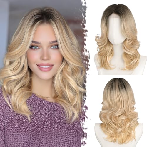 BARSDAR Corto Ondulato Biondo Ombre Parrucca, Shoulder Lunghezza Ombre Biondo Parrucche per Donne Body Wave Layererd Parrucca con Curtain Bangs Aspetto Naturale Sintetico Capelli Parrucche Partito