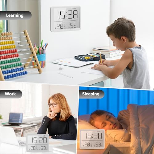 PZJFH Despertador digital con indicador de temperatura y humedad LCD pequeño diseño de succión multifuncional 12/24 horas ℃/℉ batería apoyo para el hogar estudiantes oficina blanco (blanco) - imagen 7