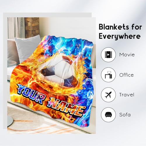 Customized Soccer Blankets for Boys - Gifts for Soccer Lovers - Soft Cozy Fleece Throws for Couch, Bed 4 Sizes