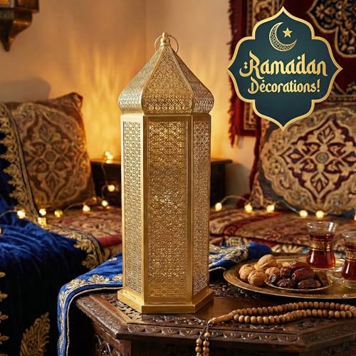 VELA LANTERNS 21" Extra Large Golden Tower Temple Moroccan Lantern Lamp Decorative Candle Holders for Ramadan Decorations, Hanging, Outdoor Patio or Porch, Indoor Home Decor, Gold by Vela Lanterns - Image 8