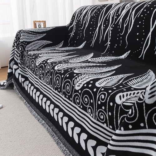 Image of HOKIPO Premium Chenille Printed Sofa Cover Throw Blanket 320 GSM for 3 Seater - All Season Use, 'Serene Abode Series' Black Fern Tribal (180x310 cm) (AR-6633-D4)