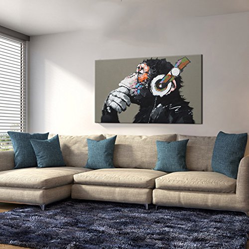 Dvq Art-Framed Animal Music Gorilla Canvas Printed Painting Modern Funny Thinking Monkey With Headphone Wall Art For Home Decor Ready To Hang 1 Pcs (16X24Inch(40X60Cm)) #TOP3